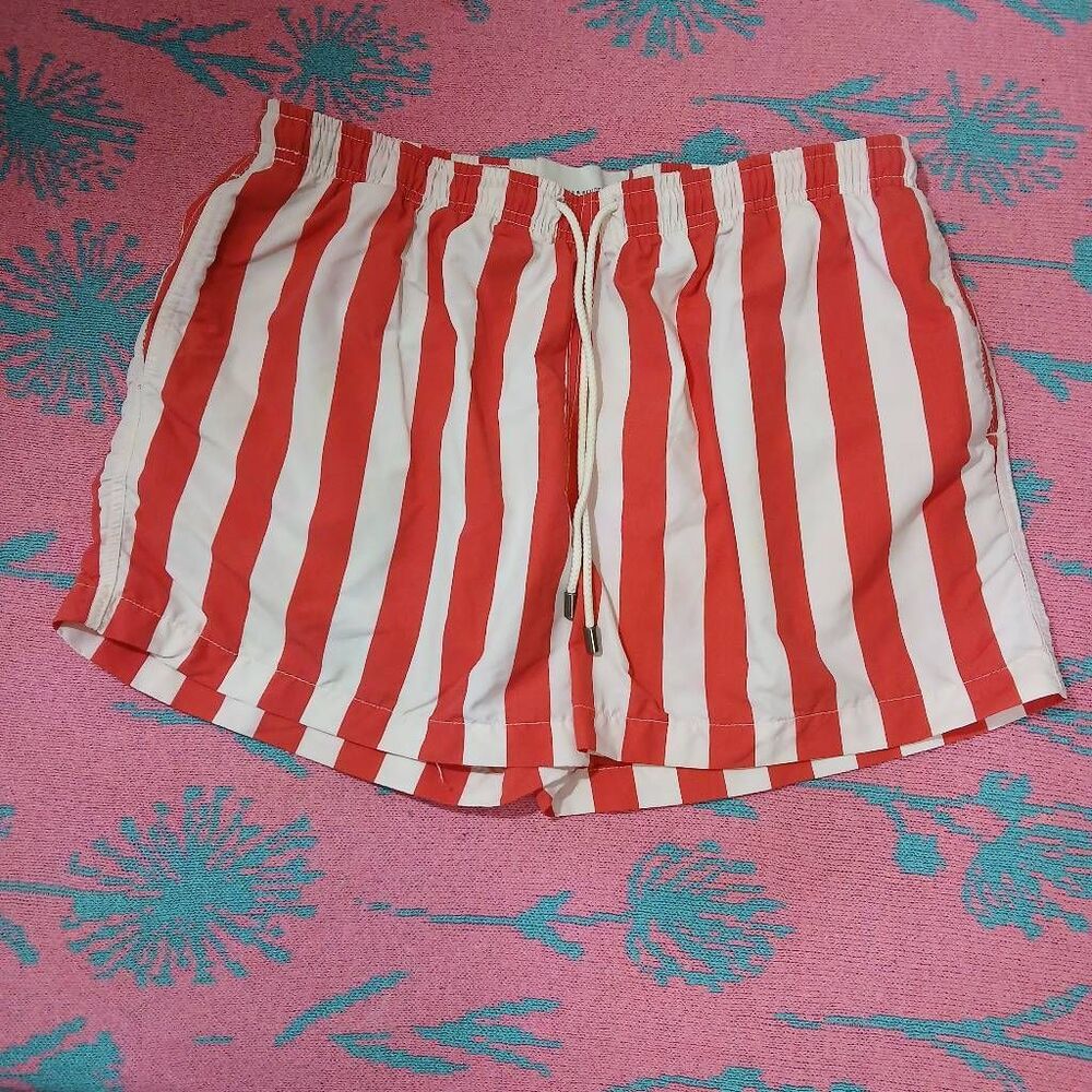 Solid and striped mens large beach trunks red white candy stripe short beach
